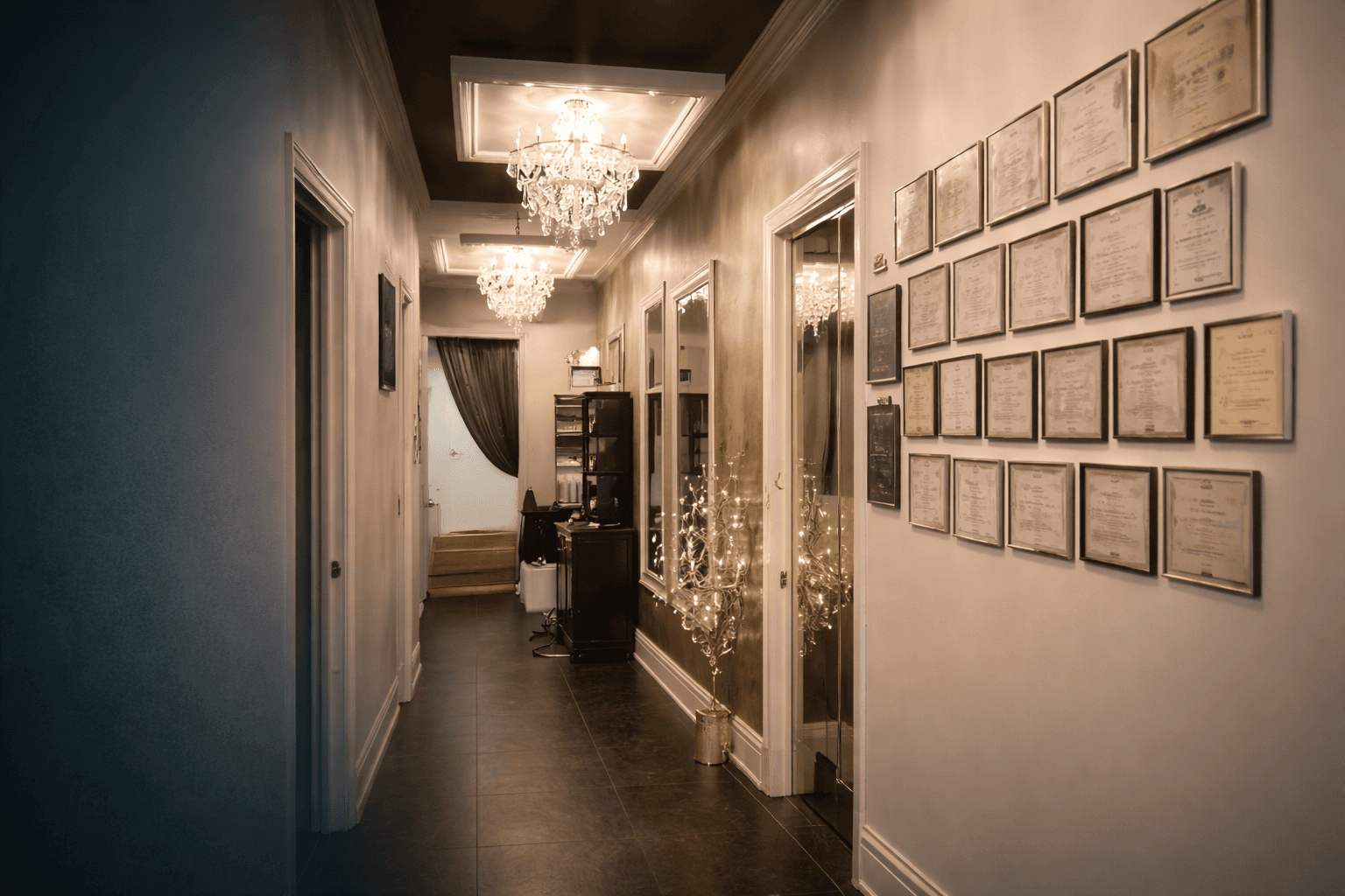 Exsalonce treatment room with chandelier, laser equipment, and certificate wall